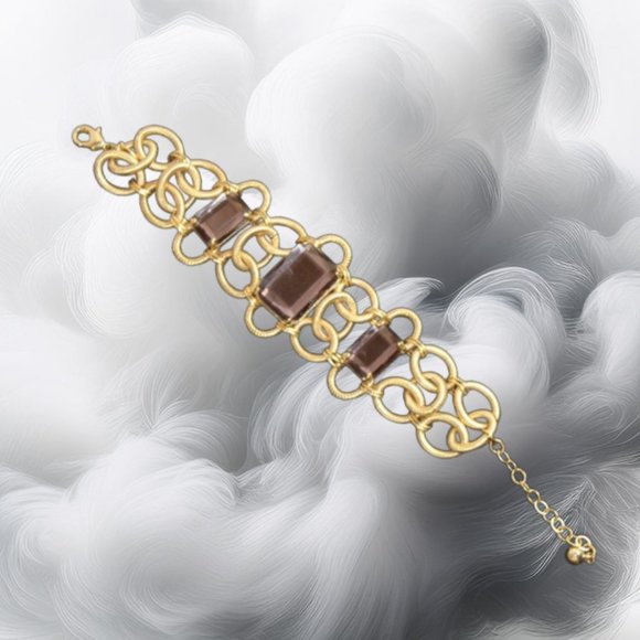 Nolan Miller Textured Links Simulated Smokey Topaz Gold Tone Statement B… - Picture 1 of 6